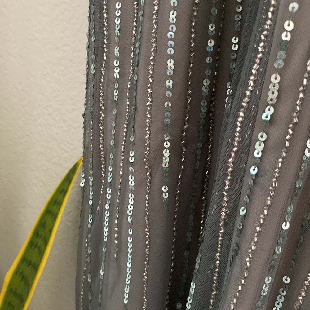 Adrianna Papell Silver Sequined V-Neck Flutter Sleeve Evening Gown - Picture 14 of 16